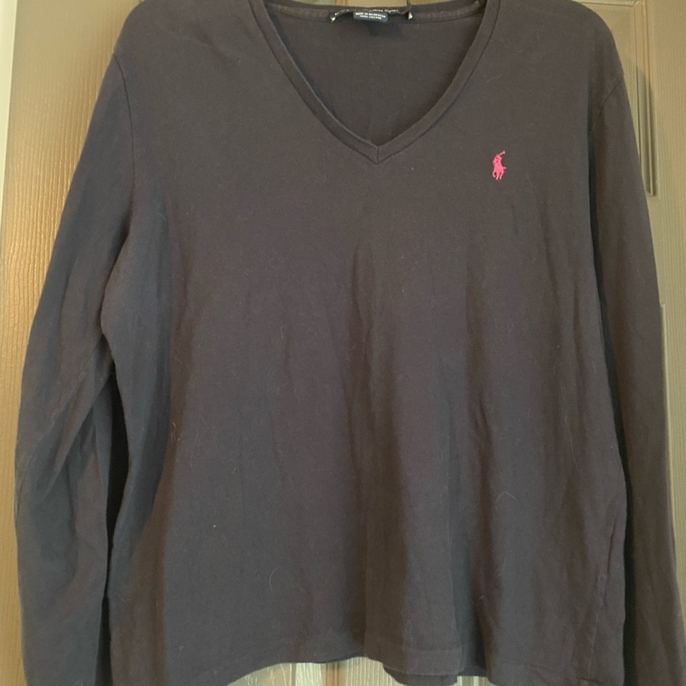 Ralph Lauren Black V-Neck Sweater with Pink Logo